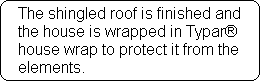 The shingled roof is finished and
the house is wrapped in Typar�
house wrap to protect it from the
elements.